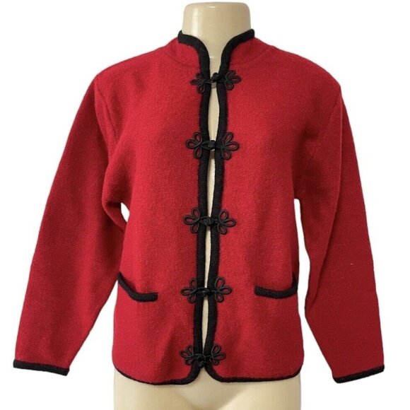 Crystal Kobe Sweaters - Vintage Crystal-Kobe Petite Small Red Heavy Wool Cardigan Sweater Knot Button Up